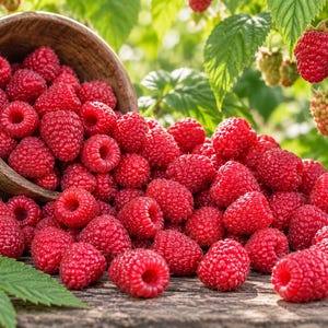 K&ouml;nnte beinhalten: Eine rustikale Holzschale, die auf der Seite liegt und einen gro&szlig;en Haufen frischer, leuchtend roter Himbeeren auf eine verwitterte Holzoberfl&auml;che sch&uuml;ttet. Die Himbeeren sind prall und strukturiert, mit gr&uuml;nen Bl&auml;ttern und einer kleinen wei&szlig;en Bl&uuml;te.