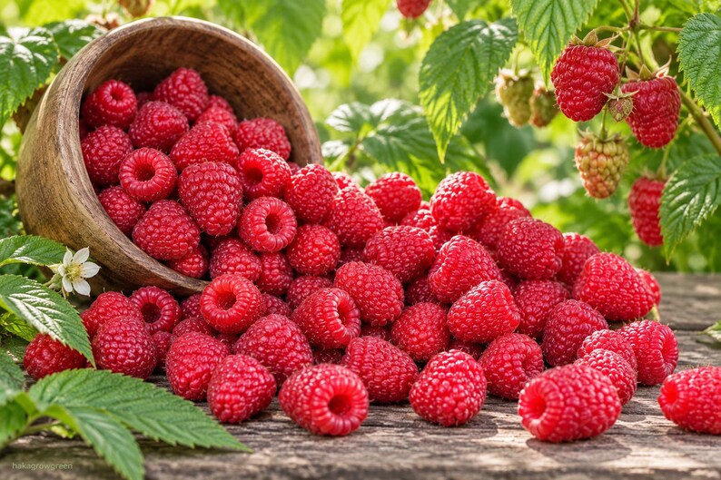 K&ouml;nnte beinhalten: Eine rustikale Holzschale, die auf der Seite liegt und einen gro&szlig;en Haufen frischer, leuchtend roter Himbeeren auf eine verwitterte Holzoberfl&auml;che sch&uuml;ttet. Die Himbeeren sind prall und strukturiert, mit gr&uuml;nen Bl&auml;ttern und einer kleinen wei&szlig;en Bl&uuml;te.
