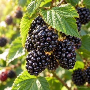 K&ouml;nnte beinhalten: Eine Ansammlung reifer, dunkelvioletter Brombeeren, die an einer gr&uuml;nen Ranke h&auml;ngen. Die Beeren haben eine texturierte, noppige Oberfl&auml;che und werden vom nat&uuml;rlichen Sonnenlicht beleuchtet, was tiefe Schatten und Glanzlichter auf den Fr&uuml;chten zeigt.