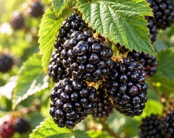 May include: A cluster of ripe, dark purple blackberries hanging from a green leafy vine. The berries have a textured, bumpy surface and are illuminated by natural sunlight, showing deep shadows and highlights on the fruit and serrated leaves.