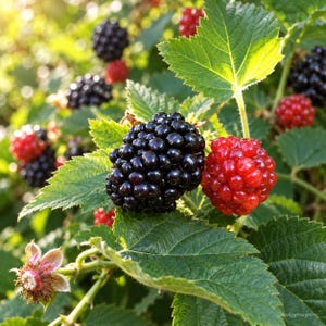 K&ouml;nnte beinhalten: Eine Ansammlung von Brombeeren an einer gr&uuml;nen Ranke mit Bl&auml;ttern, bestehend aus reifen dunkelvioletten Beeren und unreifen roten Beeren. Die Pflanze hat gezackte gr&uuml;ne Bl&auml;tter und eine kleine, blasse, sternf&ouml;rmige Bl&uuml;tenbasis unten links.