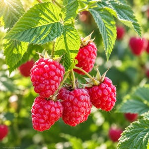 K&ouml;nnte beinhalten: Eine Ansammlung reifer, leuchtend roter Himbeeren, die an einem gr&uuml;nen Stiel mit gezackten Bl&auml;ttern h&auml;ngen. Die Beeren haben eine texturierte, noppige Oberfl&auml;che und werden von nat&uuml;rlichem Sonnenlicht beleuchtet, mit tiefroten T&ouml;nen und gr&uuml;nem Laub.
