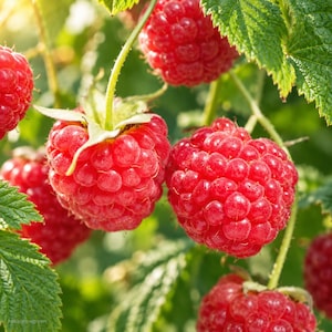 K&ouml;nnte beinhalten: Mehrere reife, leuchtend rote Himbeeren h&auml;ngen an einem gr&uuml;nen Pflanzenst&auml;ngel. Die Beeren haben eine texturierte, noppige Oberfl&auml;che und sind von gezackten gr&uuml;nen Bl&auml;ttern umgeben. Die Szene ist im nat&uuml;rlichen Sonnenlicht aufgenommen.