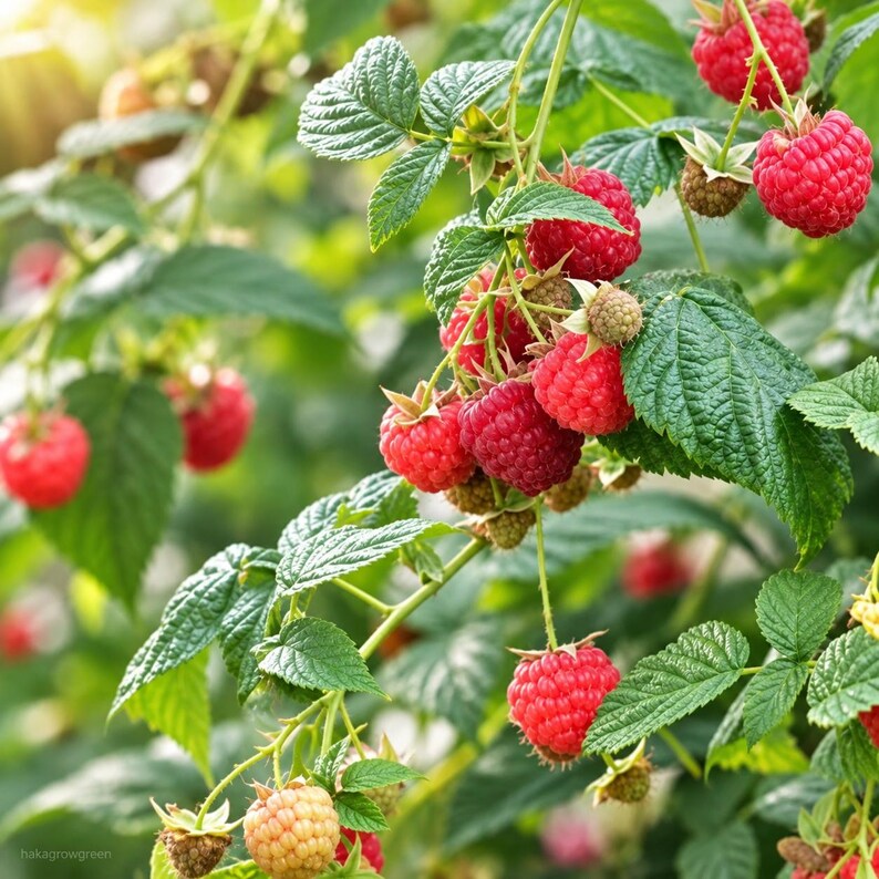 K&ouml;nnte beinhalten: Eine Himbeerpflanze mit mehreren B&uuml;scheln aus leuchtend roten, reifen Himbeeren und einigen blassen, unreifen Beeren. Die Pflanze hat gezackte gr&uuml;ne Bl&auml;tter und d&uuml;nne St&auml;ngel, wobei der Text hakagrowgreen in der unteren linken Ecke zu sehen ist.