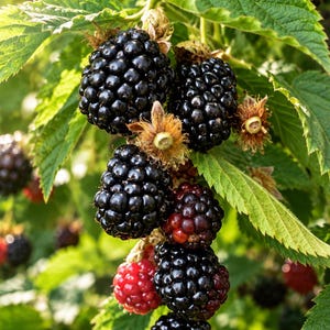 K&ouml;nnte beinhalten: Eine Ansammlung reifer Brombeeren an einer gr&uuml;nen, bebl&auml;tterten Ranke. Die Beeren wechseln w&auml;hrend der Reifung von tiefem Schwarz zu leuchtendem Rot und haben eine texturierte, noppige Oberfl&auml;che. Die Pflanze hat gezackte gr&uuml;ne Bl&auml;tter.