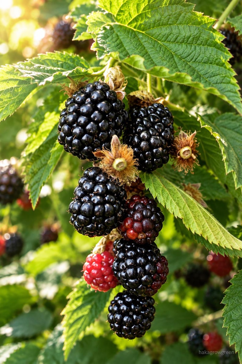 K&ouml;nnte beinhalten: Eine Ansammlung reifer Brombeeren an einer gr&uuml;nen, bebl&auml;tterten Ranke. Die Beeren wechseln w&auml;hrend der Reifung von tiefem Schwarz zu leuchtendem Rot und haben eine texturierte, noppige Oberfl&auml;che. Die Pflanze hat gezackte gr&uuml;ne Bl&auml;tter.