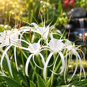 May include: A cluster of white spider lilies featuring long, slender, curved petals and prominent, upright stamens with orange-tipped anthers. The flowers are surrounded by vibrant green, blade-like foliage, creating a delicate, star-shaped appearance.
