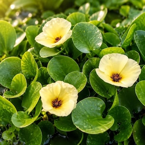 May include: A cluster of aquatic plants featuring rounded, glossy green leaves and three pale yellow flowers with dark maroon centers. The petals are delicate and slightly ruffled, emerging from a dense bed of foliage floating on the water surface.