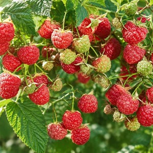 K&ouml;nnte beinhalten: Eine Ansammlung reifer roter Himbeeren, die an einem gr&uuml;nen, bebl&auml;tterten Strauch h&auml;ngen. Die Beeren haben eine texturierte, noppige Oberfl&auml;che und variieren in der Gr&ouml;&szlig;e, wobei einige vollreif und tiefrot sind, w&auml;hrend andere klein bleiben.