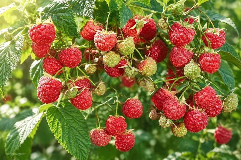 K&ouml;nnte beinhalten: Eine Ansammlung reifer roter Himbeeren, die an einem gr&uuml;nen, bebl&auml;tterten Strauch h&auml;ngen. Die Beeren haben eine texturierte, noppige Oberfl&auml;che und variieren in der Gr&ouml;&szlig;e, wobei einige vollreif und tiefrot sind, w&auml;hrend andere klein bleiben.