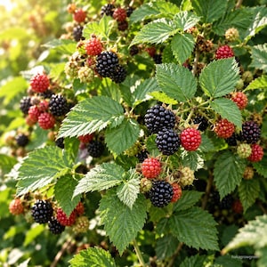 K&ouml;nnte beinhalten: Ein Brombeerstrauch mit Trauben aus reifen, tiefschwarzen Beeren und unreifen, leuchtend roten Fr&uuml;chten. Die Pflanze hat gezackte gr&uuml;ne Bl&auml;tter und kleine, hellgr&uuml;ne Knospen, die an d&uuml;nnen, holzigen Zweigen in einer nat&uuml;rlichen Umgebung wachsen.