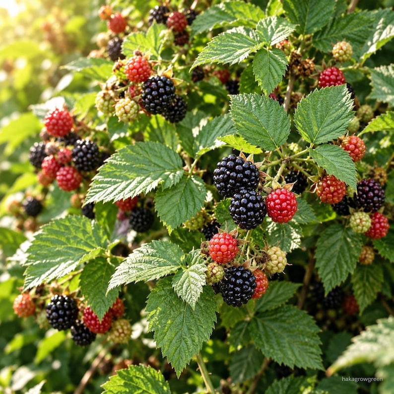 K&ouml;nnte beinhalten: Ein Brombeerstrauch mit Trauben aus reifen, tiefschwarzen Beeren und unreifen, leuchtend roten Fr&uuml;chten. Die Pflanze hat gezackte gr&uuml;ne Bl&auml;tter und kleine, hellgr&uuml;ne Knospen, die an d&uuml;nnen, holzigen Zweigen in einer nat&uuml;rlichen Umgebung wachsen.