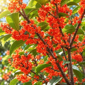 Może przedstawiać: Gęsta roślina osmanthus fragrans z kiściami jaskrawopomarańczowych kwiatów kwitnących wzdłuż zdrewniałych brązowych gałęzi. Roślina jest pokryta błyszczącymi, ciemnozielonymi, owalnymi liśćmi o ząbkowanych krawędziach, oświetlonymi naturalnym światłem słonecznym.
