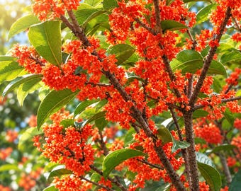 Könnte beinhalten: Eine dichte Osmanthus fragrans Pflanze mit Büscheln leuchtend orangefarbener Blüten, die an holzigen braunen Zweigen blühen. Die Pflanze ist mit glänzenden, dunkelgrünen, ovalen Blättern mit gezackten Rändern bedeckt, die von natürlichem Sonnenlicht beleuchtet werden.