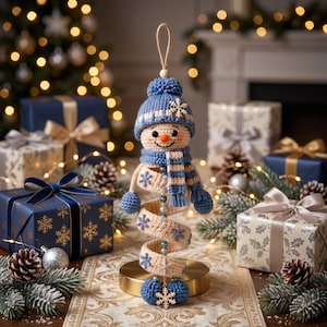 May include: A crocheted snowman ornament featuring a blue knit hat with a white snowflake, a matching blue and white striped scarf, and a spiral body decorated with small blue snowflakes, hanging from a tan string on a gold circular base.