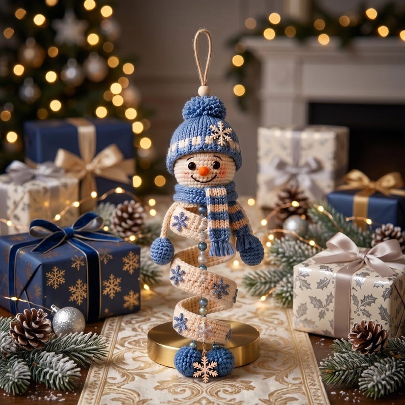 May include: A crocheted snowman ornament featuring a blue knit hat with a white snowflake, a matching blue and white striped scarf, and a spiral body decorated with small blue snowflakes, hanging from a tan string on a gold circular base.