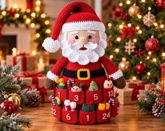 May include: A crocheted Santa Claus doll featuring a red suit, white beard, and a hat with a pom-pom. The base of the doll includes multiple red pockets, each labeled with a white number, containing small crocheted holiday-themed ornaments.