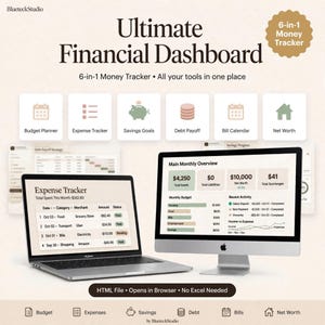 May include: A digital financial dashboard displayed on a laptop and desktop monitor. The interface features a 6-in-1 money tracker including a budget planner, expense tracker, savings goals, debt payoff, bill calendar, and net worth tracker.