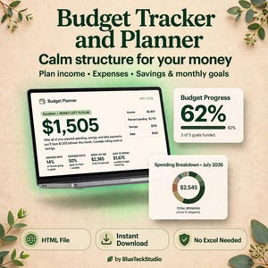 Può includere: Un tracker e pianificatore di budget digitale visualizzato su uno schermo di un portatile, con una dashboard che mostra entrate, spese, risparmi e debiti. Include una scheda di avanzamento del budget al 62% e un grafico a torta.