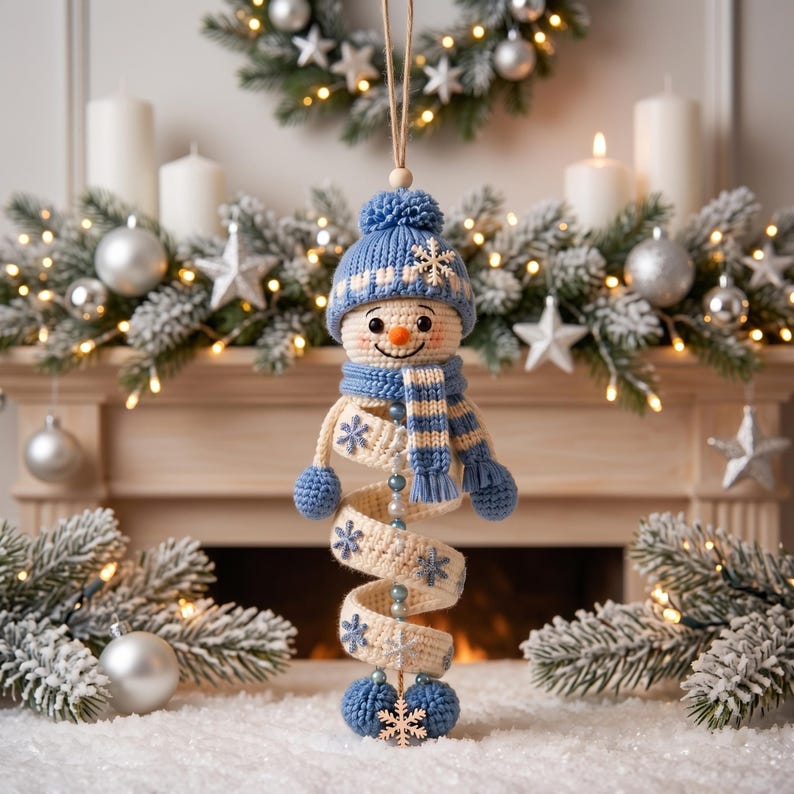 May include: A crocheted snowman ornament featuring a blue knit hat with a pom-pom and a matching blue and white striped scarf. The snowman has a spiral-shaped body in cream with blue snowflake accents, blue mittens, and a wooden snowflake charm.