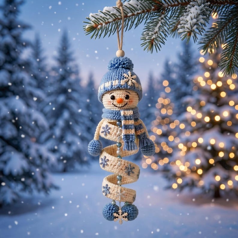 May include: A crocheted snowman ornament featuring a blue knit hat with a pom-pom, a matching blue and white striped scarf, and a spiral-shaped body in cream yarn. The snowman is decorated with small blue snowflake accents and a dangling snowflake charm.