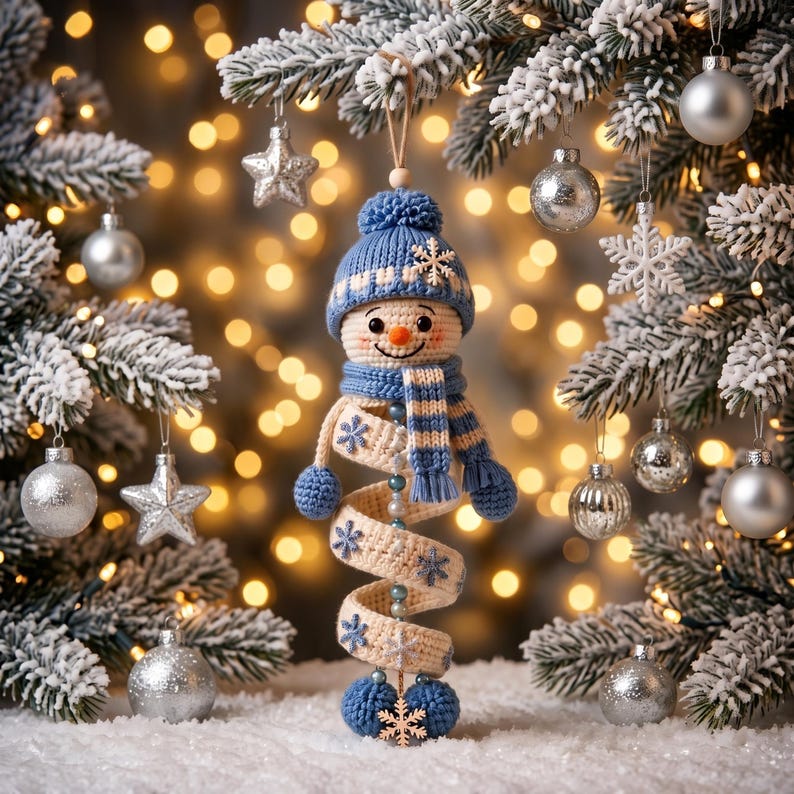 May include: A crocheted snowman ornament featuring a blue knit hat with a pom-pom, a matching striped scarf, and a spiral-shaped body in cream with blue snowflake accents. The snowman has a small orange nose and two blue pom-poms at the base.