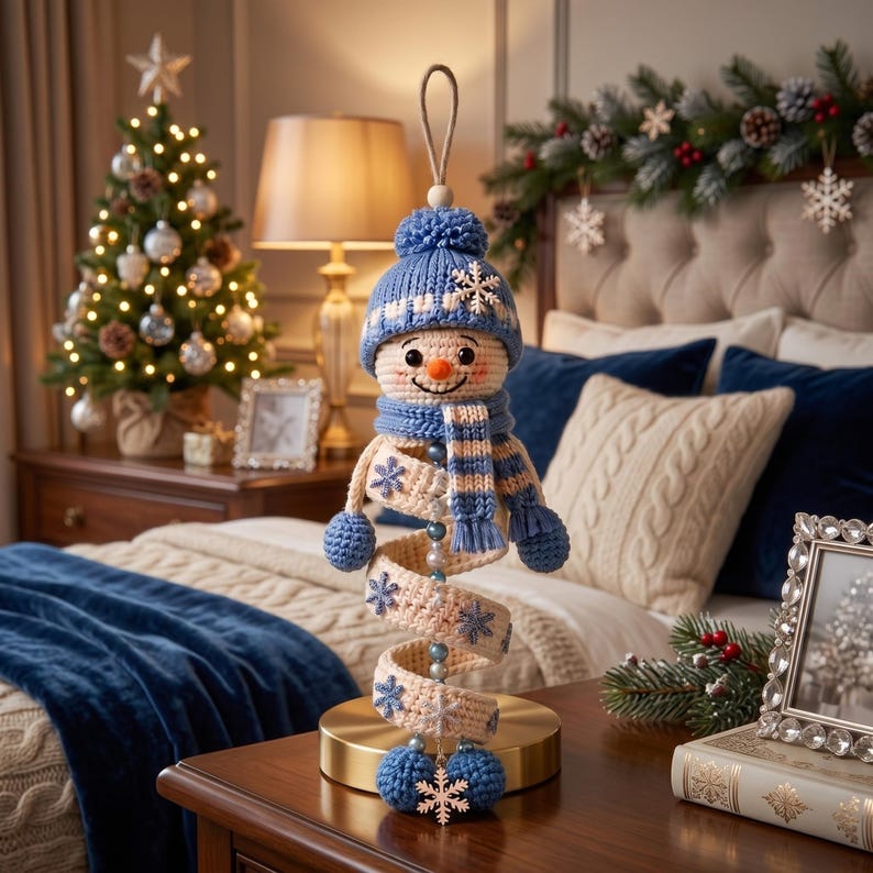 May include: A crocheted snowman ornament featuring a blue knit hat with a pom-pom, a matching blue and cream striped scarf, and a spiral body decorated with blue snowflake accents. The snowman has a small orange nose and a hanging loop at the top.