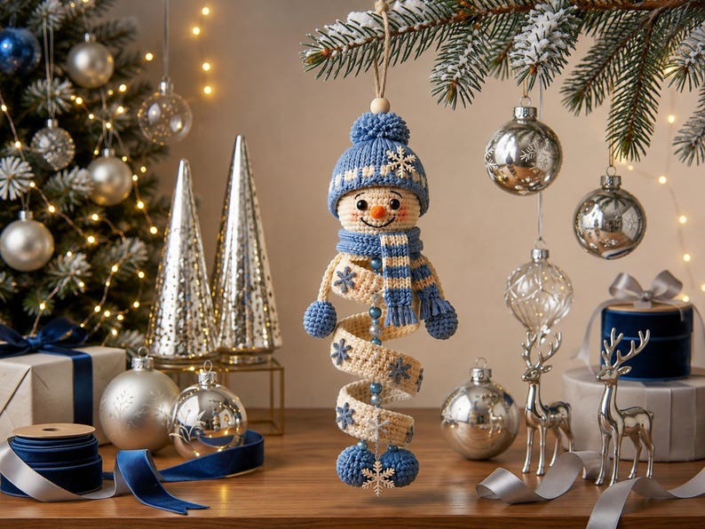 May include: A crocheted snowman ornament featuring a blue knit hat with a pom-pom, a matching blue and white striped scarf, and a spiral body in cream with blue snowflake accents. The snowman has a small orange nose and blue bead details.