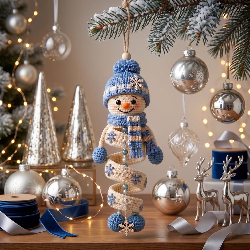 May include: A crocheted snowman ornament featuring a blue knit hat with a pom-pom, a matching blue and cream striped scarf, and a spiraling cream-colored body decorated with blue snowflake patterns, hanging from a natural twine loop.
