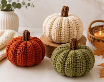 May include: Three crocheted pumpkins in cream, burnt orange, and olive green, each featuring a textured ribbed design and a small brown stem. These handcrafted decorative items are arranged together, showcasing distinct colors and a soft yarn texture.