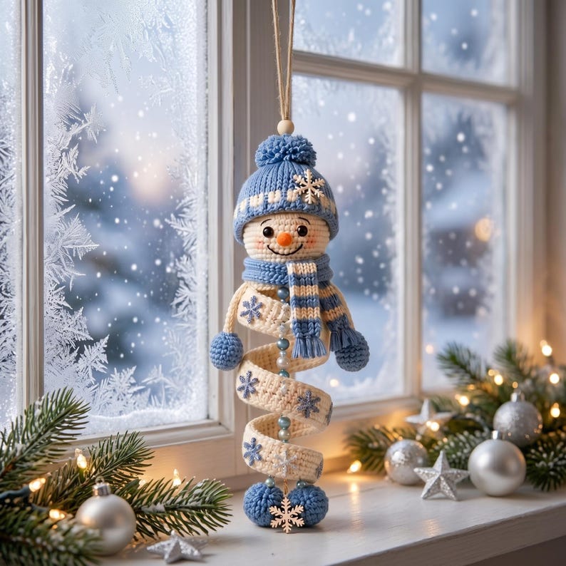 May include: A crocheted snowman ornament featuring a blue knit hat with a pom-pom, a matching blue and white striped scarf, and a spiral-shaped body in cream with blue snowflake accents. The figure hangs from a string and has blue spheres.