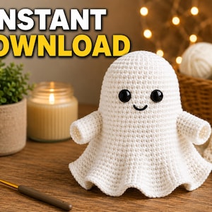 May include: A white crocheted ghost figure with two black plastic eyes and a stitched smile. The ghost has a rounded head and a flared base. The text INSTANT DOWNLOAD is displayed in the upper left corner of the image in bold yellow letters.