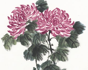 Watercolor Chinese Brush Painting - Chrysanthemums 16 x 20 Prints