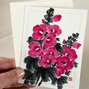 Watercolor Chinese Brush Painting Cards  &quot;Hollyhocks&quot;
