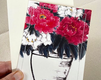 Watercolor Chinese Brush Painting Cards  "Vase with Peonies"