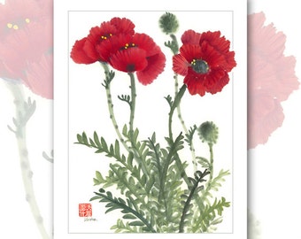 Note Cards  "Poppies" - Watercolor Chinese Brush Painting