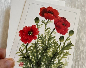 Poppies, note card, red, branch