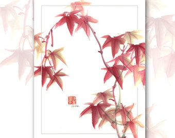 Watercolor Chinese Brush Painting Cards  "Japanese Maple"