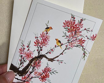 Note Cards of "Two Birds in Tree" - Watercolor Chinese Brush Painting