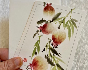 Pomegranates, note card, red, branch