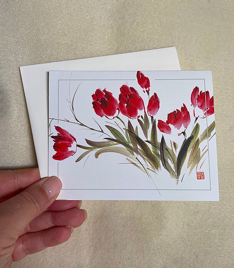 Note Cards of Tulips Watercolor Chinese Brush Painting image 1