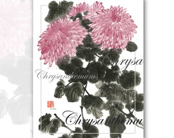 Note Cards - Chrysanthemums - Watercolor Brush Painting with Calligraphy