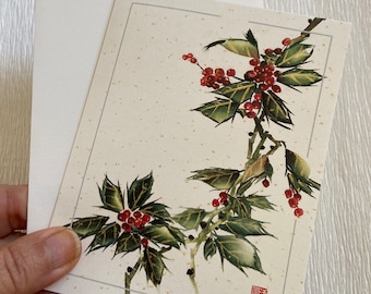 holly, note card, red berries, winter flowers