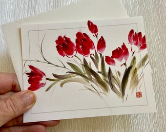 tulips, note card, flowers, red, gift for her