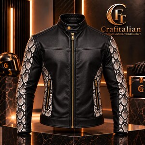 Men’s Black Cowhide Leather Jacket, Python Embossed Leather Jacket, Handmade Luxury Fashion Jacket, Snakeskin Style Jacket