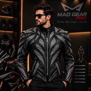 Men’s Python Leather, Black Reptile Biker, Futuristic Luxury Statement Jacket