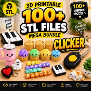Puede incluir: Una colección digital de más de 100 archivos STL imprimibles en 3D que incluye varios artículos como un vaso rosa, teclas de piano en miniatura, figuras de dumplings de colores, un fantasma, un llavero de corazón, bloques de letras ZEN ENOUGH CALM BLSSED y un pulsador amarillo.