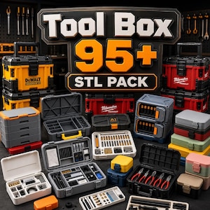 May include: A collection of various plastic tool boxes and storage organizers in yellow, red, gray, and black. A large sign in the background displays the text Tool Box 95+ STL PACK. The containers feature multiple compartments, latches, and trays.