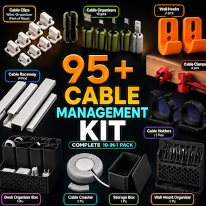 May include: A 95+ piece cable management kit featuring white cable clips, green and grey cable organisers, orange wall hooks, red cable clamps, black cable holders, silver cable raceways, a desk organiser box, a cable coaster, and a wall mount.