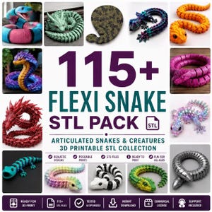 Può includere: Una collezione digitale di oltre 115 file STL di serpenti flessibili per stampa 3D, con vari serpenti e creature articolate in colori come blu, rosa, verde, arancione, viola, rosso, nero, bianco e argento, con testo 115+ FLEXI SNAKE STL PACK.